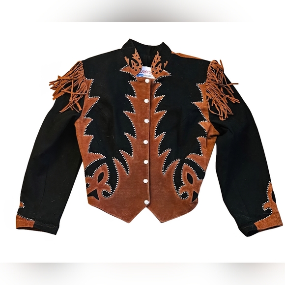Vtg Diamond Denim & Leather Suede Fringe Western Jacket Coat 80s 90s Cowboy 12 - Picture 1 of 11